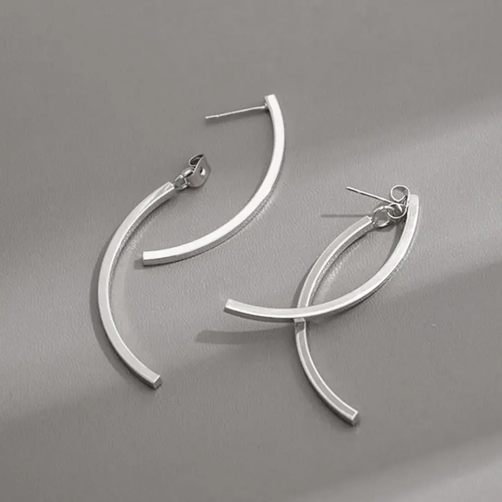 Any 4/$25! Silver Curved Drop Studs w/Jacket Backs Earrings - Picture 2 of 6